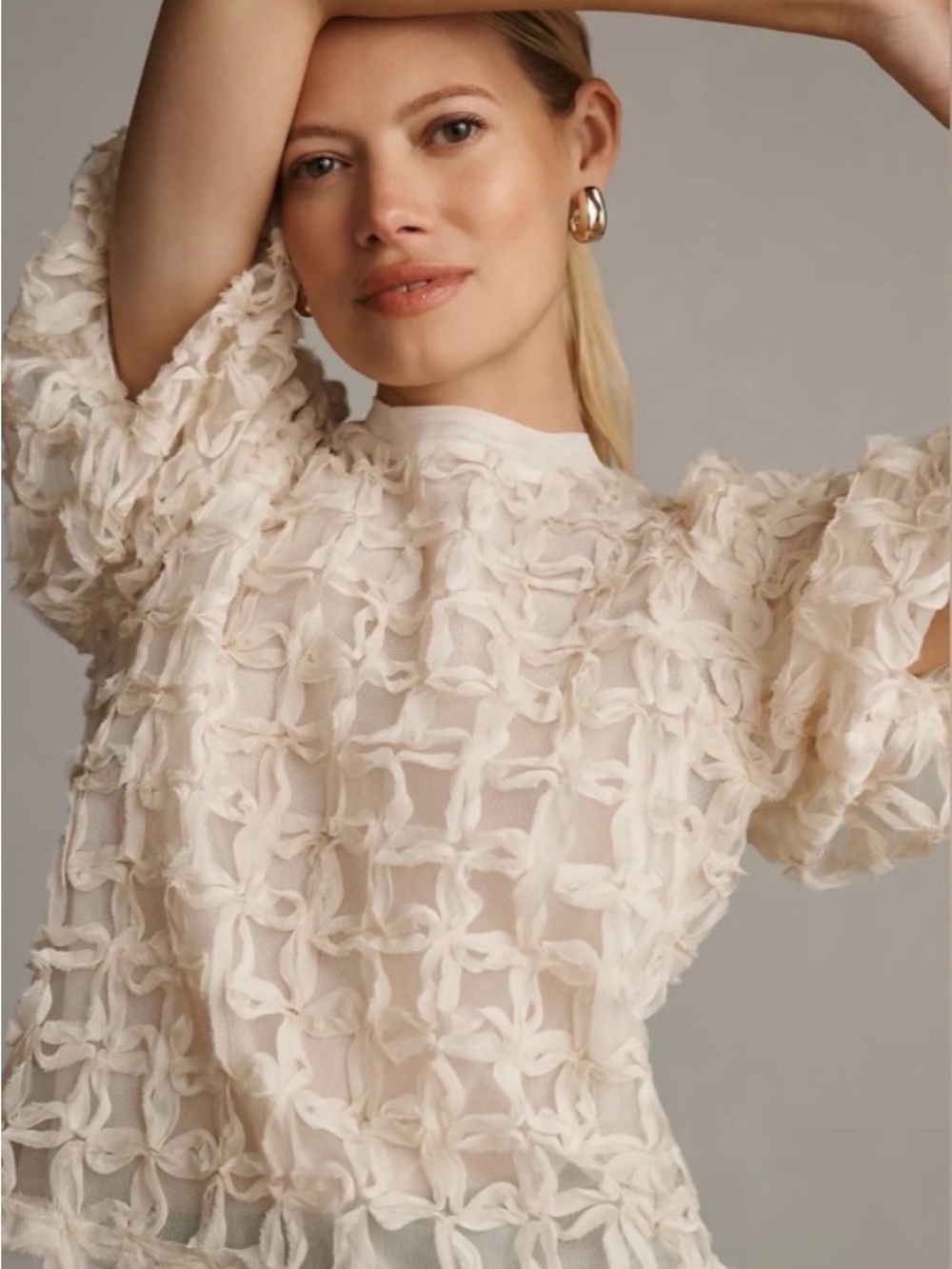 Anthro Sarah Hann Sheer Floral Textured Puff-Sleeve top size xs